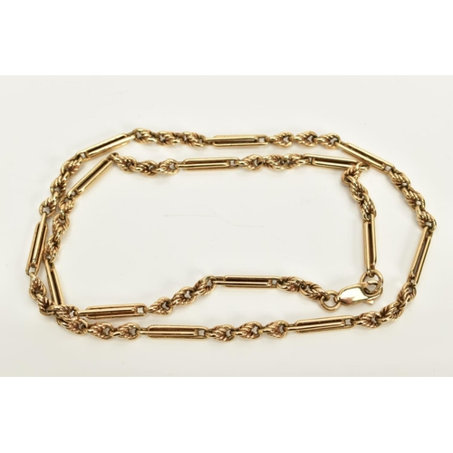 67 - A 9CT GOLD CHAIN, of fetter and three rope twist style links, fitted to a lobster claw clasp, hallma... 