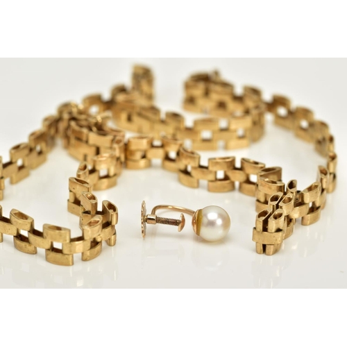 74 - A 9CT GOLD CHAIN AND A SINGLE EARRING, the gate chain fitted to an integrated box clasp, 9ct gold Bi... 