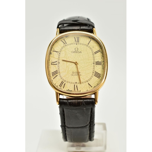 77 - TWO OMEGA DE VILLE QUARTZ WRISTWATCHES, the first with a cushion case, discoloured and worn cream di... 