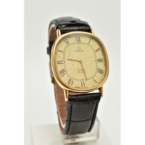 77 - TWO OMEGA DE VILLE QUARTZ WRISTWATCHES, the first with a cushion case, discoloured and worn cream di... 