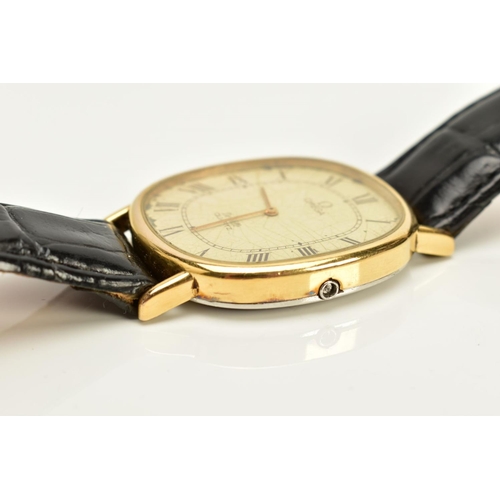 77 - TWO OMEGA DE VILLE QUARTZ WRISTWATCHES, the first with a cushion case, discoloured and worn cream di... 