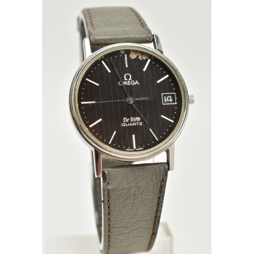 77 - TWO OMEGA DE VILLE QUARTZ WRISTWATCHES, the first with a cushion case, discoloured and worn cream di... 