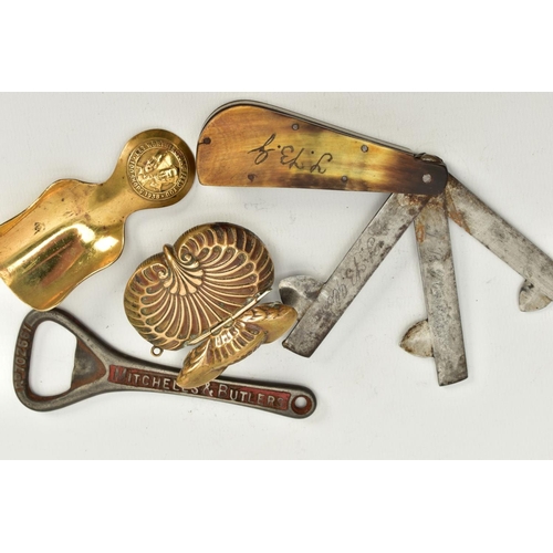 79 - A SMALL QUANTITY OF ITEMS, to include a horn handled, three bladed animal fleam knife, engraved J.B.... 