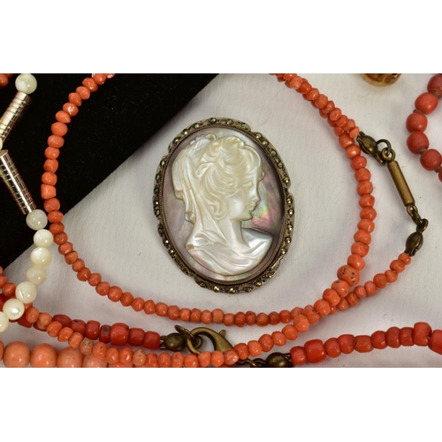 80 - A SELECTION OF CORAL AND OTHER BEAD NECKLACES, CAMEOS, to include five coral bead necklaces, with ye... 