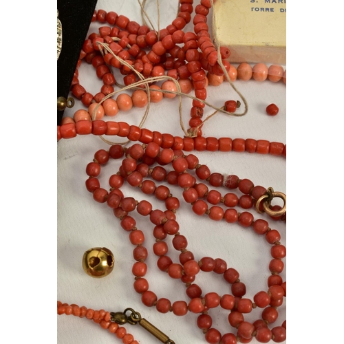 80 - A SELECTION OF CORAL AND OTHER BEAD NECKLACES, CAMEOS, to include five coral bead necklaces, with ye... 