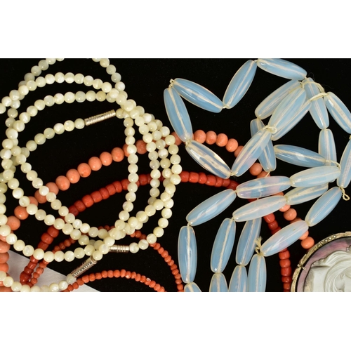 80 - A SELECTION OF CORAL AND OTHER BEAD NECKLACES, CAMEOS, to include five coral bead necklaces, with ye... 