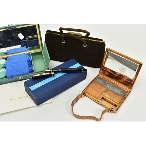 81 - TWO EVENING BAGS, A CASED COSMETIC SET AND A WATERMAN PEN, to include a ladies brown outer covered m... 