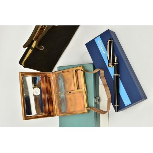 81 - TWO EVENING BAGS, A CASED COSMETIC SET AND A WATERMAN PEN, to include a ladies brown outer covered m... 