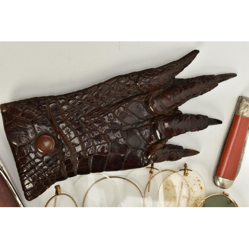 86 - A QUANTITY OF VINTAGE WIRE GLASSES, TWO WRISTWATCHES AND A CROCODILE PURSE, to include eight pairs o... 