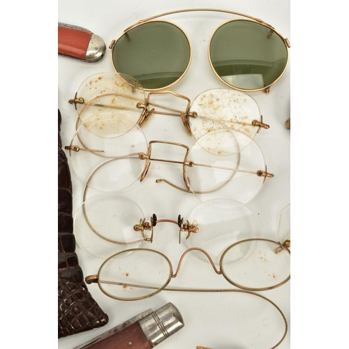 86 - A QUANTITY OF VINTAGE WIRE GLASSES, TWO WRISTWATCHES AND A CROCODILE PURSE, to include eight pairs o... 