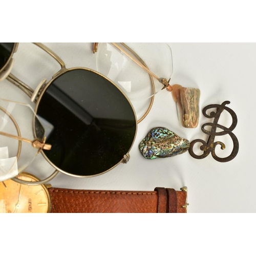 86 - A QUANTITY OF VINTAGE WIRE GLASSES, TWO WRISTWATCHES AND A CROCODILE PURSE, to include eight pairs o... 