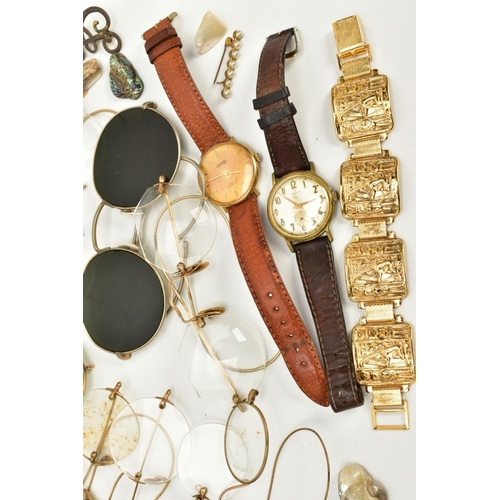 86 - A QUANTITY OF VINTAGE WIRE GLASSES, TWO WRISTWATCHES AND A CROCODILE PURSE, to include eight pairs o... 