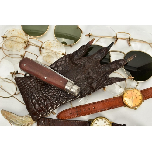 86 - A QUANTITY OF VINTAGE WIRE GLASSES, TWO WRISTWATCHES AND A CROCODILE PURSE, to include eight pairs o... 