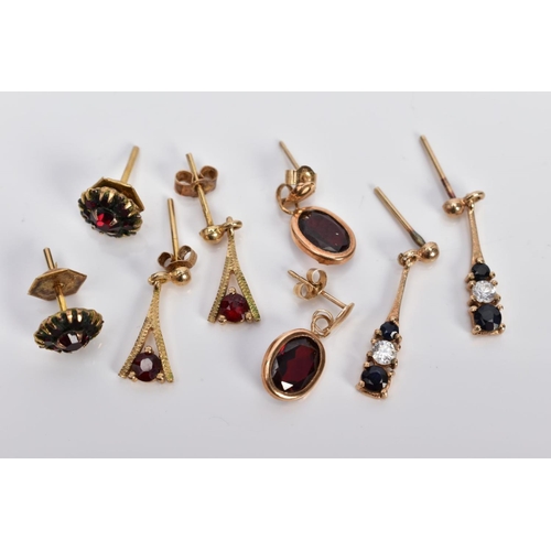 9 - FOUR PAIRS OF GEM SET EARRINGS, the first a pair of 9ct gold cluster earrings set with circular cut ... 