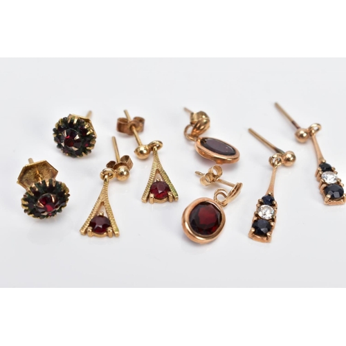 9 - FOUR PAIRS OF GEM SET EARRINGS, the first a pair of 9ct gold cluster earrings set with circular cut ... 