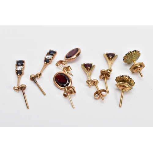 9 - FOUR PAIRS OF GEM SET EARRINGS, the first a pair of 9ct gold cluster earrings set with circular cut ... 