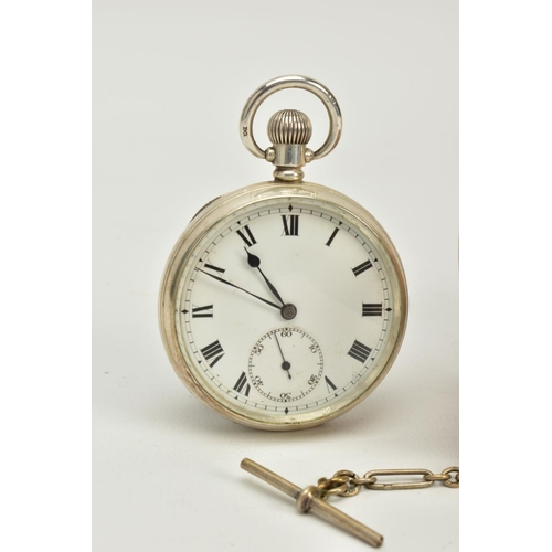 92 - TWO OPEN FACED SILVER POCKET WATCHES AND A GOLD PLATED FULL HUNTER POCKET WATCH, the first with a wh... 