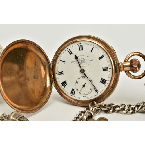 92 - TWO OPEN FACED SILVER POCKET WATCHES AND A GOLD PLATED FULL HUNTER POCKET WATCH, the first with a wh... 