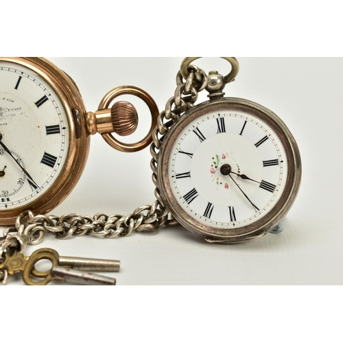 92 - TWO OPEN FACED SILVER POCKET WATCHES AND A GOLD PLATED FULL HUNTER POCKET WATCH, the first with a wh... 