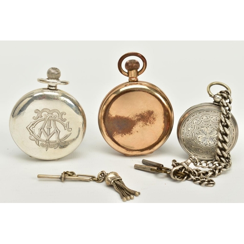 92 - TWO OPEN FACED SILVER POCKET WATCHES AND A GOLD PLATED FULL HUNTER POCKET WATCH, the first with a wh... 