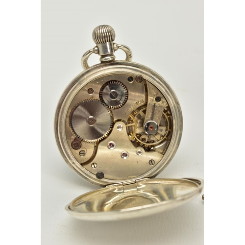 92 - TWO OPEN FACED SILVER POCKET WATCHES AND A GOLD PLATED FULL HUNTER POCKET WATCH, the first with a wh... 