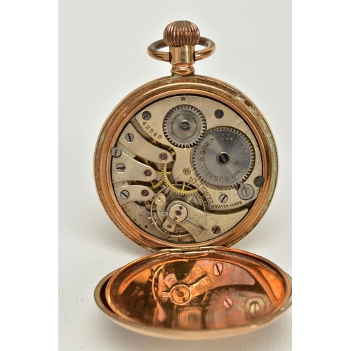 92 - TWO OPEN FACED SILVER POCKET WATCHES AND A GOLD PLATED FULL HUNTER POCKET WATCH, the first with a wh... 