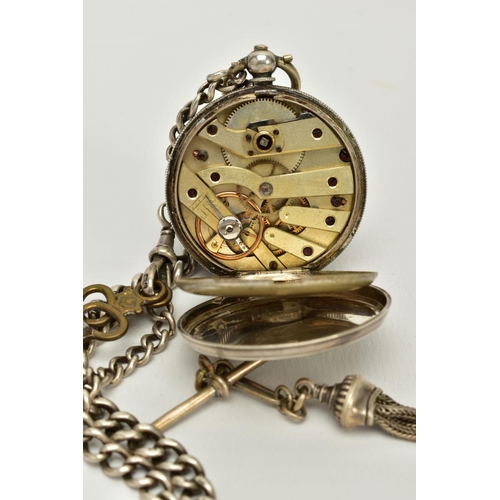 92 - TWO OPEN FACED SILVER POCKET WATCHES AND A GOLD PLATED FULL HUNTER POCKET WATCH, the first with a wh... 