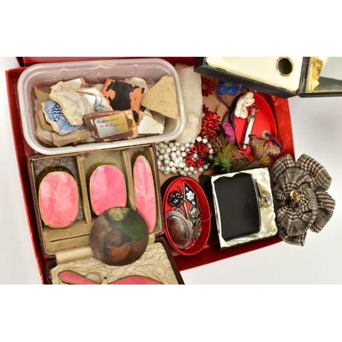 94 - TWO BOXES OF ITEMS, to include five 'Barton Miniatures' Military figures, a brown cased set of three... 