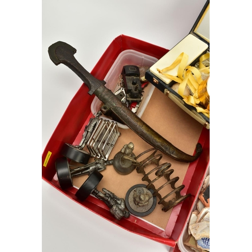 94 - TWO BOXES OF ITEMS, to include five 'Barton Miniatures' Military figures, a brown cased set of three... 