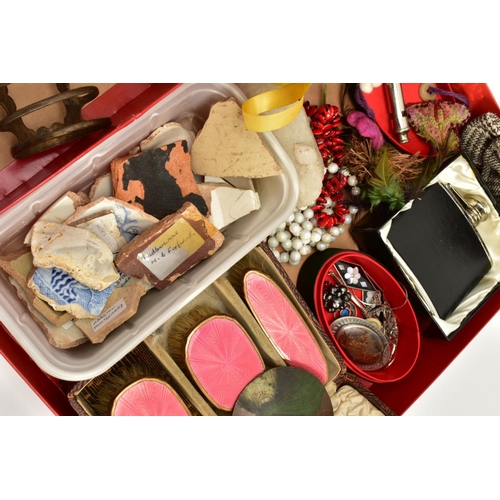 94 - TWO BOXES OF ITEMS, to include five 'Barton Miniatures' Military figures, a brown cased set of three... 