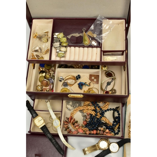 95 - A BOX OF COSTUME JEWELLERY AND A BURGUNDY JEWELLERY BOX WITH CONTENTS, to include a yellow metal pen... 