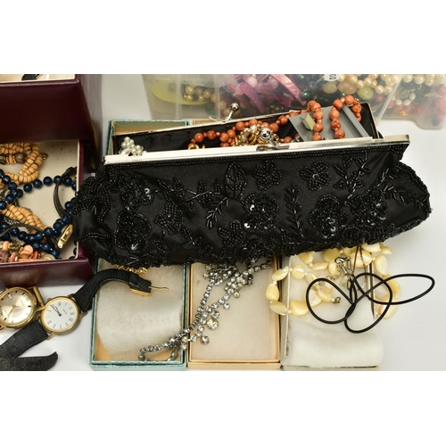 95 - A BOX OF COSTUME JEWELLERY AND A BURGUNDY JEWELLERY BOX WITH CONTENTS, to include a yellow metal pen... 