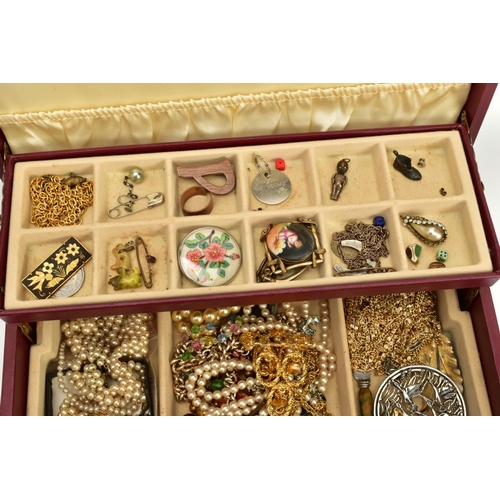 96 - A JEWELLERY BOX WITH COSTUME JEWELLERY, the three tiered burgundy and gold trim jewellery box opens ... 