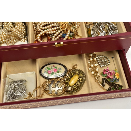 96 - A JEWELLERY BOX WITH COSTUME JEWELLERY, the three tiered burgundy and gold trim jewellery box opens ... 