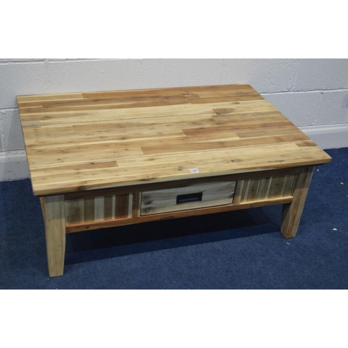 1327 - A MODERN MANGO WOOD COFFEE TABLE, with a single drawer, width 120cm x depth 81cm x height 45cm