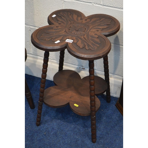 1329 - A CARVED OAK FOUR CLOVER TOPPED OCCASIONAL TABLE, together with an oak spinning stool and a hanging ... 