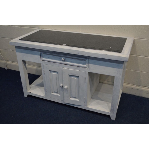 1330 - A PAINTED MANGO WOOD MARBLE TOPPED KITCHEN ISLAND, with double cupboard doors to each side, length 1... 