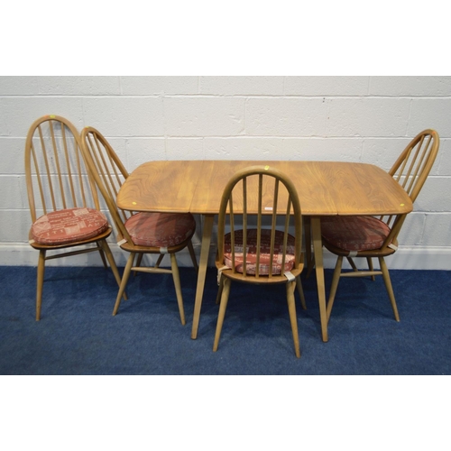 1333 - AN ERCOL MODEL 383 BLONDE ELM AND BEECH DROP LEAF DINING TABLE, on square out splayed tapering legs,... 