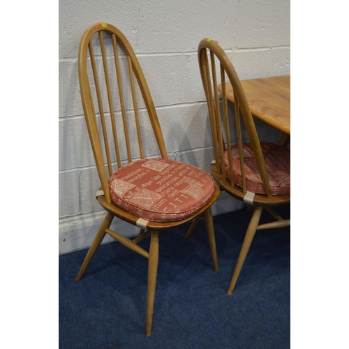 1333 - AN ERCOL MODEL 383 BLONDE ELM AND BEECH DROP LEAF DINING TABLE, on square out splayed tapering legs,... 