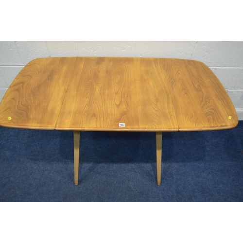 1333 - AN ERCOL MODEL 383 BLONDE ELM AND BEECH DROP LEAF DINING TABLE, on square out splayed tapering legs,... 