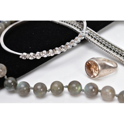 2 - A SELECTION OF JEWELLERY, to include a white metal multi drop pendant, set with seven marquise cut a... 