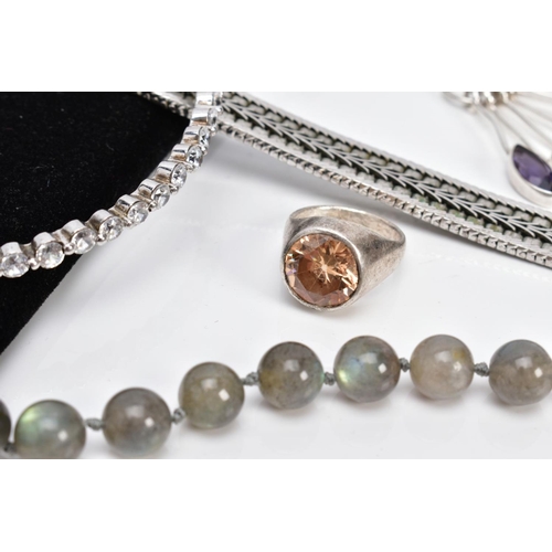 2 - A SELECTION OF JEWELLERY, to include a white metal multi drop pendant, set with seven marquise cut a... 