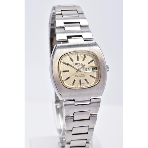 27 - A GENTS AUTOMATIC LANCO STAINLESS STEEL WRISTWATCH, designed with a gold coloured dial, dial signed ... 