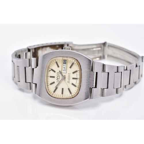 27 - A GENTS AUTOMATIC LANCO STAINLESS STEEL WRISTWATCH, designed with a gold coloured dial, dial signed ... 