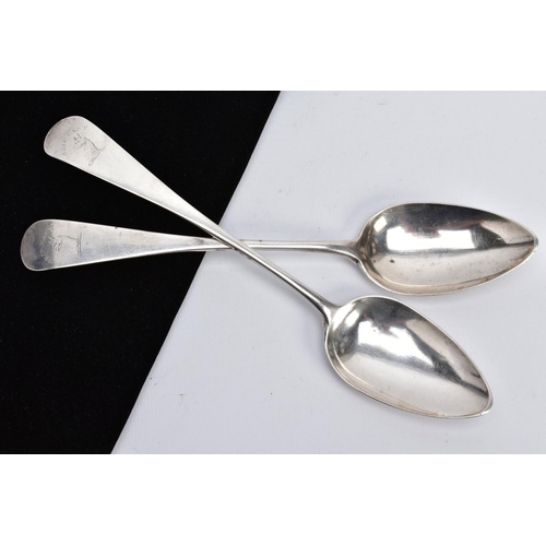 29 - TWO SILVER TABLESPOONS, each of plain design, engraved 'Grip fast' to the handle, with the initials ... 