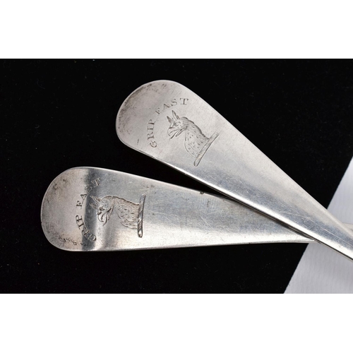 29 - TWO SILVER TABLESPOONS, each of plain design, engraved 'Grip fast' to the handle, with the initials ... 