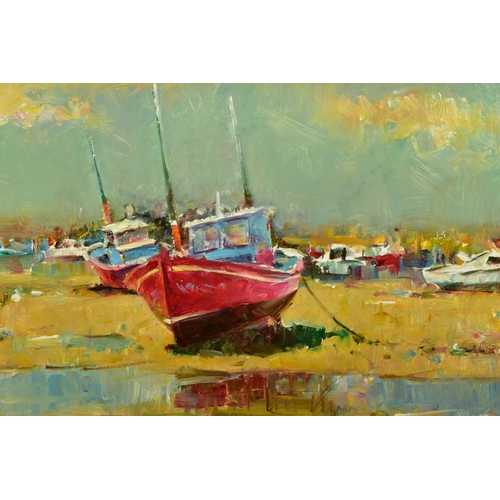 301 - HELIOS GISBERT (SPAIN 1958) 'SEASIDE AT LOW TIDE' boats on a beach, signed bottom left, oil on board... 