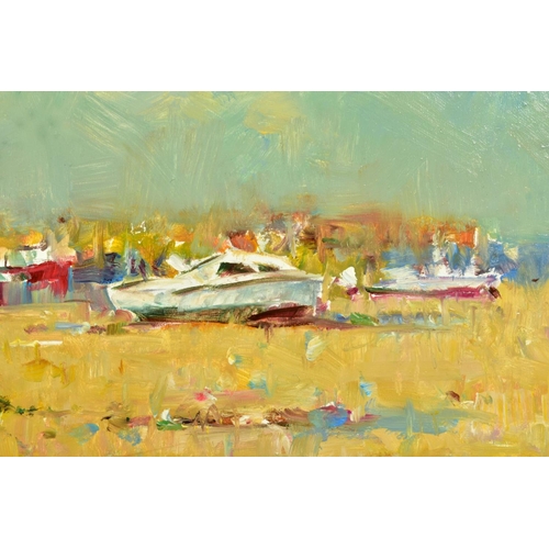 301 - HELIOS GISBERT (SPAIN 1958) 'SEASIDE AT LOW TIDE' boats on a beach, signed bottom left, oil on board... 