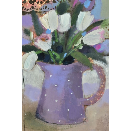 302 - EMMA S DAVIS R.S.W. P.A.I. (SCOTTISH 1975) 'TULIPS' a still life study of flowers in a jug, signed b... 