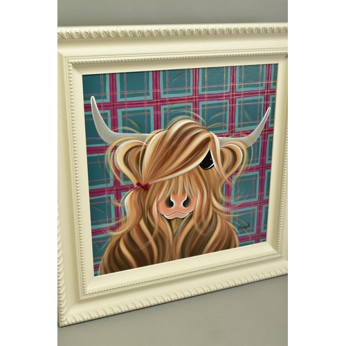 303 - JENNIFER HOGWOOD (BRITISH 1980) 'TARTAN LOVE' Highland Cow against a tartan background, signed lower... 